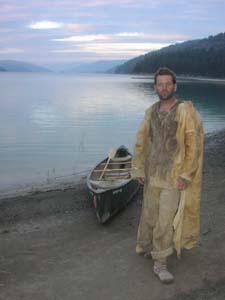 Thomas Elpel in full buckskins at lake sunset.