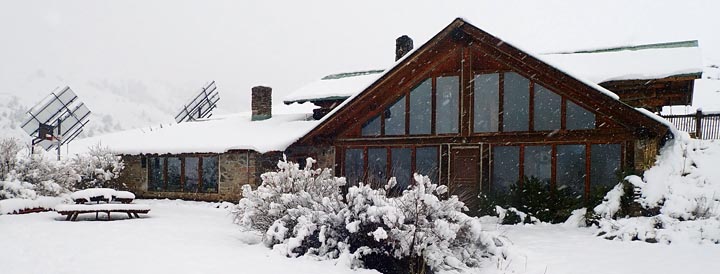 Tom Elpel's passive solar house in winter snowstorm.