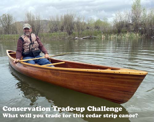 Cedar strip canoe available for trade.